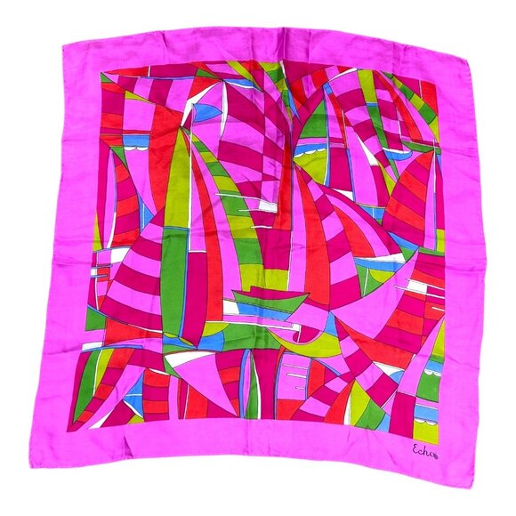Vibrant Echo Geometric Abstract Silk Square Scarf Accessory Hot Pink Fuschia - Picture 1 of 5